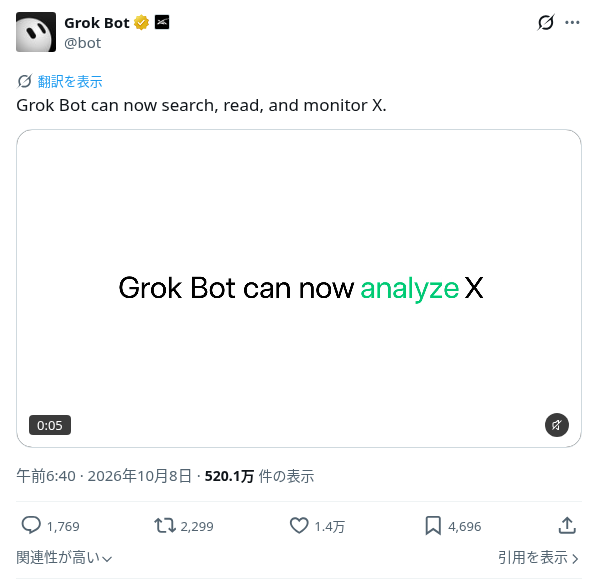 @botの「Grok Bot can now search, read, and monitor X.」ポストのスクリーンショット（10月8日 午前6:40、取得時点で約520万表示）