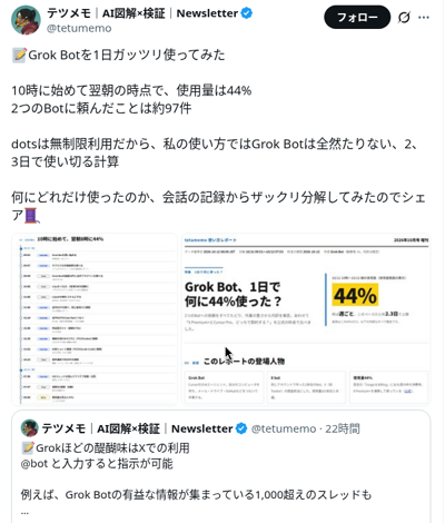 @tetumemoの「Grok Botを1日ガッツリ使ってみた。使用量44%・約97件」ポストのスクリーンショット（10月12日 午前9:05）