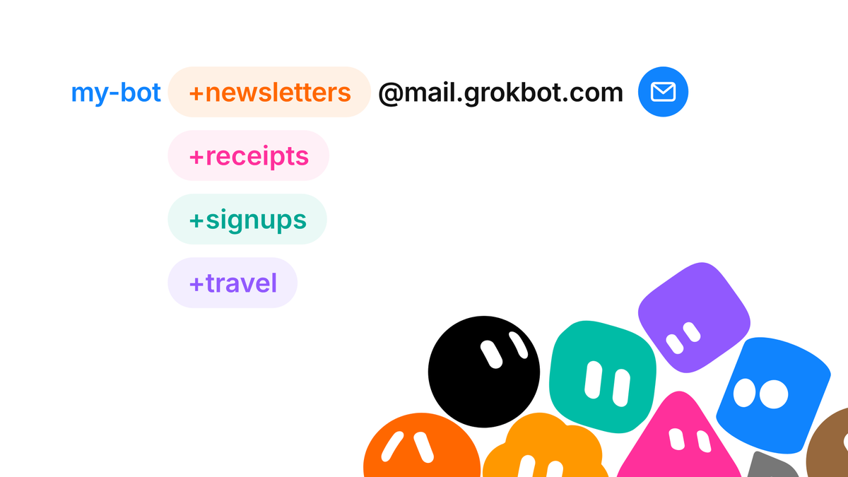 @SamSokolin の投稿添付画像。my-bot+newsletters／+receipts／+signups／+travel @mail.grokbot.com の例