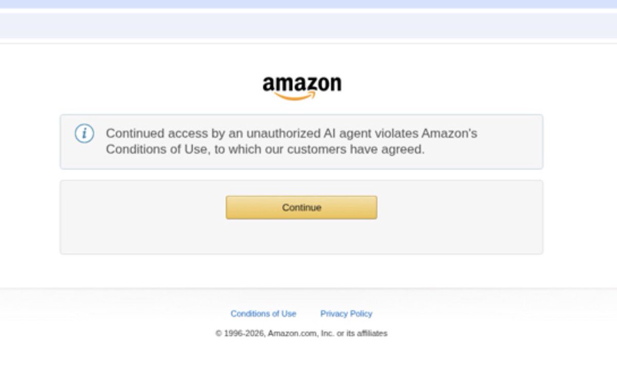 @niccruzpatane の投稿添付画像。Amazon の「Continued access by an unauthorized AI agent violates Amazon's Conditions of Use」画面