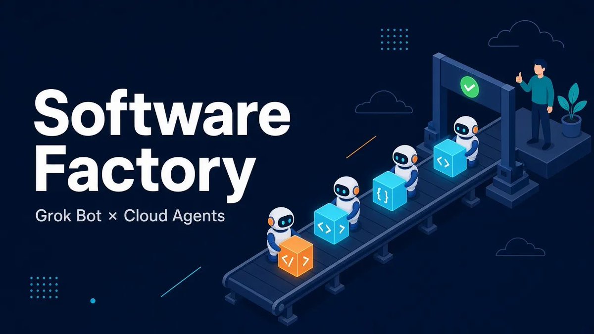 @kinopee_ai の資料表紙。Software Factory Grok Bot × Cloud Agents と書かれ、ロボットがベルトコンベアでコードの箱を運ぶイラスト