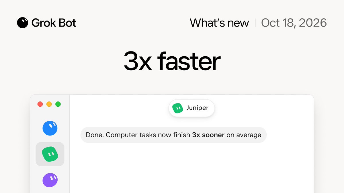 mattyp さんの紹介動画のサムネイル。Grok Bot What's new Oct 18, 2026、3x faster、Computer tasks now finish 3x sooner on average と表示