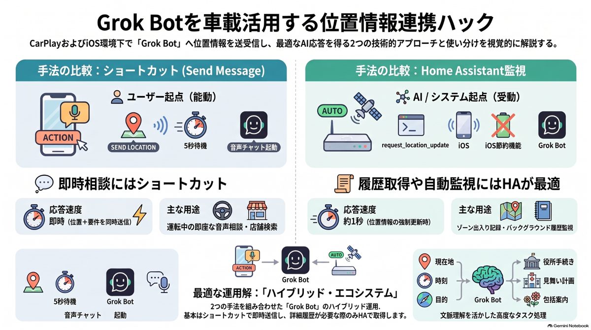 投稿画像。Grok Botを車載活用する位置情報連携ハックという図解。即時相談にはショートカット（Send Location、5秒待機、音声チャット起動）、履歴取得や自動監視にはHome Assistant（request_location_update）が適している、と比較している