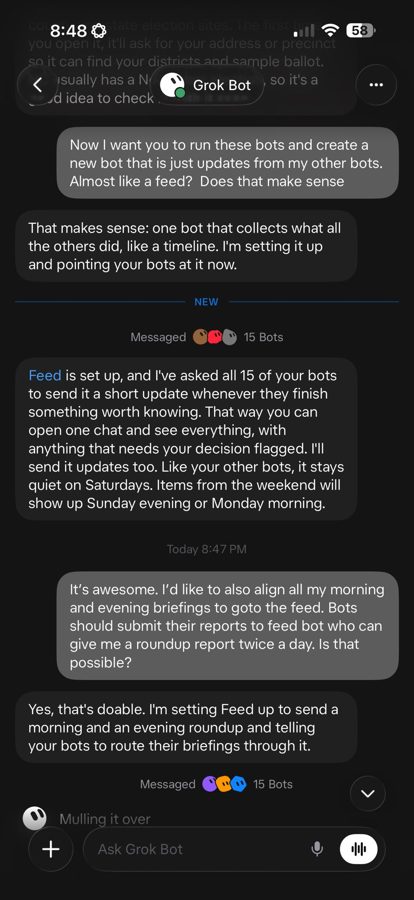 投稿画像。Grok Bot とのチャット。Feed を作成し15体の Bot に、知らせるべきことを終えたら短い更新を送るよう頼んだこと、判断が必要なものには印をつけること、土曜は静かにすること、朝と夜のまとめを送るよう設定したことが表示されている